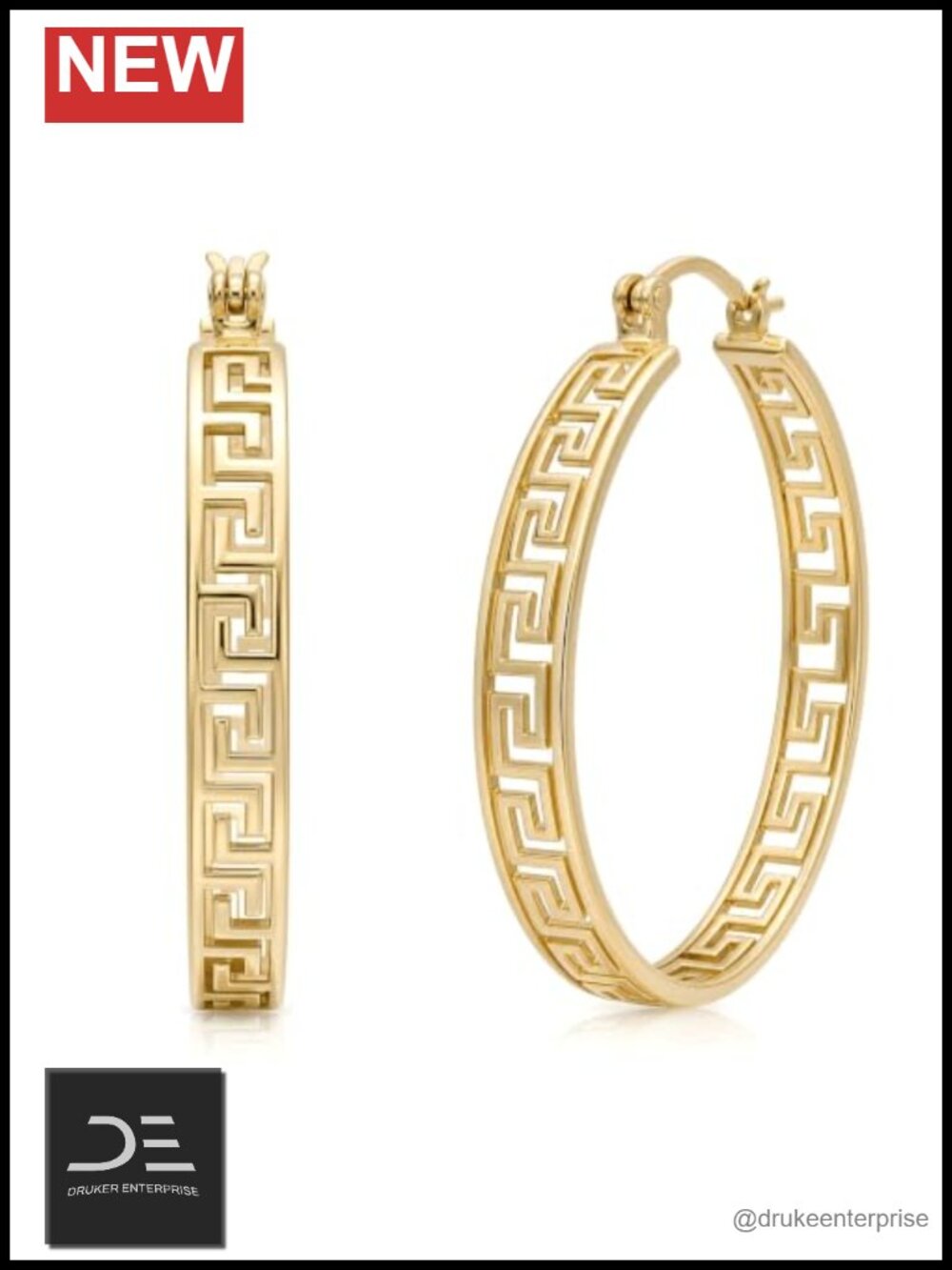 Wyvdai 14K Gold Plated Greek Key Hoop Earrings 25mm Hypoallergenic